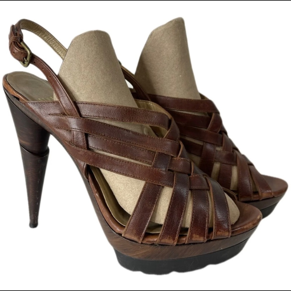 VINTAGE STUART WEITZMAN LEATHER SLING BACK BRAIDED WOOD PLATFORM STILLETTO HEELS